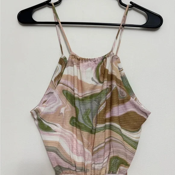 Lush Brown and Green Swirl Print Halter Open Back Jumpsuit in Strawberry Matcha - Picture 3 of 16